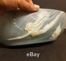 Rare Phoenix Consolidated Art Glass Blue Frosted satin Diving Girl Banana bowl