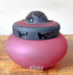 Rare Pilgrem Kelsey Murphy Glass Bowl with Carved Black Cameo Butterfly Lid