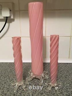 Rare Set Of 3 Antique Bohemian Pink Glass Thorn Vases With Swirl Pattern