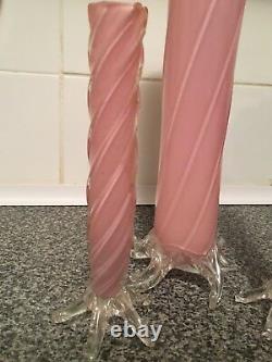 Rare Set Of 3 Antique Bohemian Pink Glass Thorn Vases With Swirl Pattern