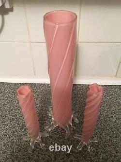 Rare Set Of 3 Antique Bohemian Pink Glass Thorn Vases With Swirl Pattern