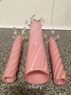 Rare Set Of 3 Antique Bohemian Pink Glass Thorn Vases With Swirl Pattern