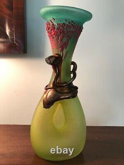 Rare Vasile Tubi Vadan Art Glass Yellow Pink Fuchsia Green Vase Artist Signed