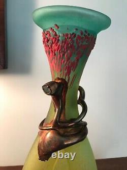 Rare Vasile Tubi Vadan Art Glass Yellow Pink Fuchsia Green Vase Artist Signed