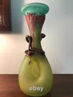 Rare Vasile Tubi Vadan Art Glass Yellow Pink Fuchsia Green Vase Artist Signed