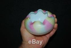 Rare Victorian Rainbow Satin Ribbon Swirl Mother Of Pearl Rose Bowl 1880s