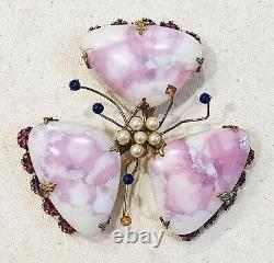 Rare Vintage Schreiner Pink Art Glass, Faux Pearl & Rhinestone Flower Brooch