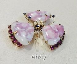 Rare Vintage Schreiner Pink Art Glass, Faux Pearl & Rhinestone Flower Brooch