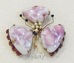 Rare Vintage Schreiner Pink Art Glass, Faux Pearl & Rhinestone Flower Brooch