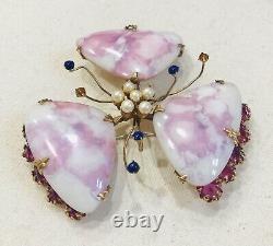 Rare Vintage Schreiner Pink Art Glass, Faux Pearl & Rhinestone Flower Brooch