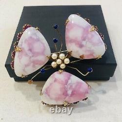 Rare Vintage Schreiner Pink Art Glass, Faux Pearl & Rhinestone Flower Brooch