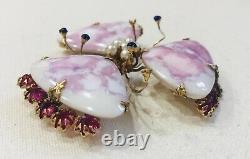 Rare Vintage Schreiner Pink Art Glass, Faux Pearl & Rhinestone Flower Brooch