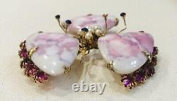 Rare Vintage Schreiner Pink Art Glass, Faux Pearl & Rhinestone Flower Brooch