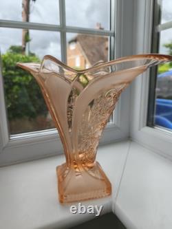 Rare Walther & Sohne Kolibri Pink Frosted & Floral Panels Art Glass Vase C1936