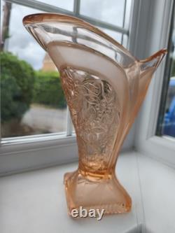 Rare Walther & Sohne Kolibri Pink Frosted & Floral Panels Art Glass Vase C1936