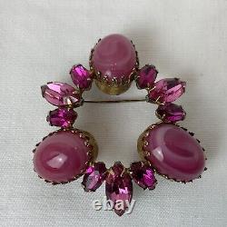 Regency Pink Art Glass Rhinestone Crystal Vintage Brooch Signed