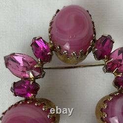 Regency Pink Art Glass Rhinestone Crystal Vintage Brooch Signed