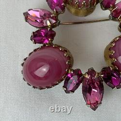 Regency Pink Art Glass Rhinestone Crystal Vintage Brooch Signed