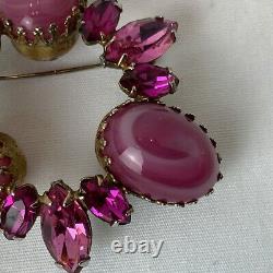 Regency Pink Art Glass Rhinestone Crystal Vintage Brooch Signed