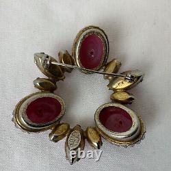 Regency Pink Art Glass Rhinestone Crystal Vintage Brooch Signed