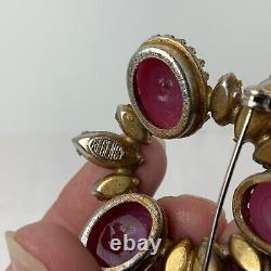 Regency Pink Art Glass Rhinestone Crystal Vintage Brooch Signed