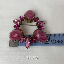 Regency Pink Art Glass Rhinestone Crystal Vintage Brooch Signed