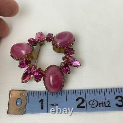 Regency Pink Art Glass Rhinestone Crystal Vintage Brooch Signed