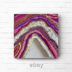 Resin Acrylic Painting Art Work Pink Gold Glitter Crushed Glass Geode Painting