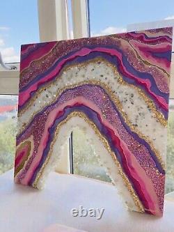 Resin Acrylic Painting Art Work Pink Gold Glitter Crushed Glass Geode Painting