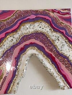 Resin Acrylic Painting Art Work Pink Gold Glitter Crushed Glass Geode Painting