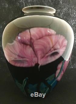 Richard Rick Satava Art Glass Vase with Pink Poppies