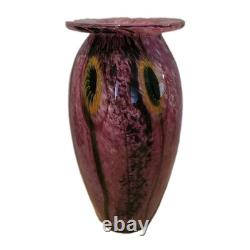 Robert Eickholt Glass Studio Hand Blown Art Vase Pink with Yellow Flowers