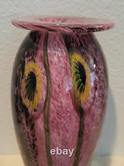 Robert Eickholt Glass Studio Hand Blown Art Vase Pink with Yellow Flowers