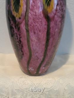 Robert Eickholt Glass Studio Hand Blown Art Vase Pink with Yellow Flowers