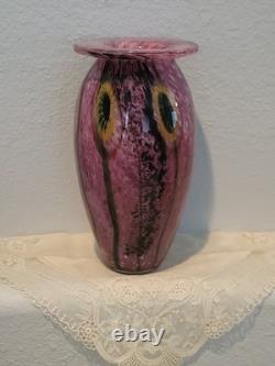 Robert Eickholt Glass Studio Hand Blown Art Vase Pink with Yellow Flowers Robert Eickholt Glass Studio Hand Blown Art Vase Pink with Yellow Flowers