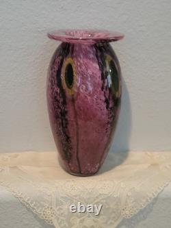 Robert Eickholt Glass Studio Hand Blown Art Vase Pink with Yellow Flowers