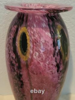 Robert Eickholt Glass Studio Hand Blown Art Vase Pink with Yellow Flowers