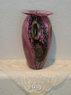 Robert Eickholt Glass Studio Hand Blown Art Vase Pink with Yellow Flowers