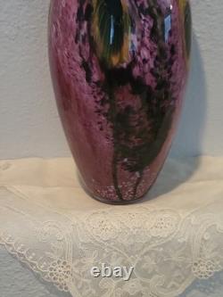 Robert Eickholt Glass Studio Hand Blown Art Vase Pink with Yellow Flowers