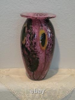 Robert Eickholt Glass Studio Hand Blown Art Vase Pink with Yellow Flowers