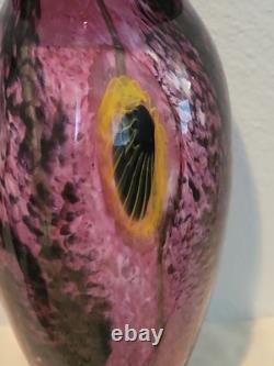 Robert Eickholt Glass Studio Hand Blown Art Vase Pink with Yellow Flowers