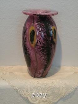 Robert Eickholt Glass Studio Hand Blown Art Vase Pink with Yellow Flowers