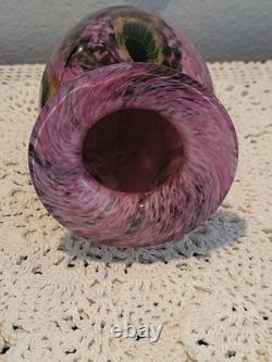 Robert Eickholt Glass Studio Hand Blown Art Vase Pink with Yellow Flowers
