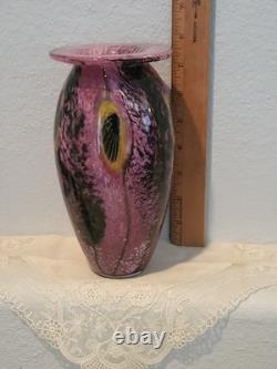 Robert Eickholt Glass Studio Hand Blown Art Vase Pink with Yellow Flowers