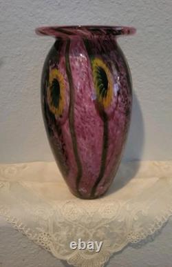 Robert Eickholt Glass Studio Hand Blown Art Vase Pink with Yellow Flowers