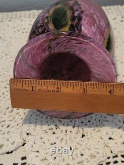 Robert Eickholt Glass Studio Hand Blown Art Vase Pink with Yellow Flowers