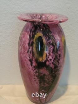 Robert Eickholt Glass Studio Hand Blown Art Vase Pink with Yellow Flowers