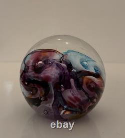 Robert Held Art Glass Swirl Turquoise Blue and Pink Paperweight, Signed