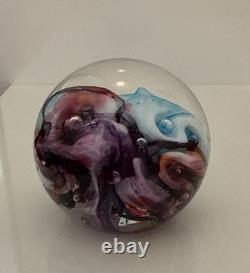 Robert Held Art Glass Swirl Turquoise Blue and Pink Paperweight, Signed