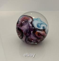 Robert Held Art Glass Swirl Turquoise Blue and Pink Paperweight, Signed